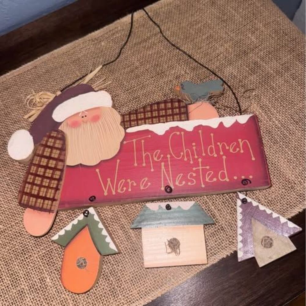 Rustic Wooden Christmas Santa Hanging Sign Birdhouses Grandmacore folk art